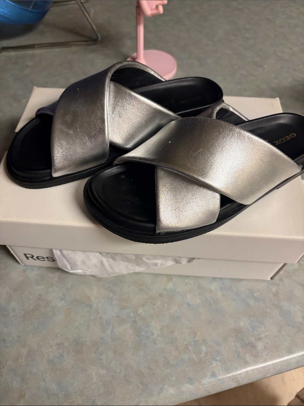 Geox Women’s Metallic Silver Crisscross Slide Sandals